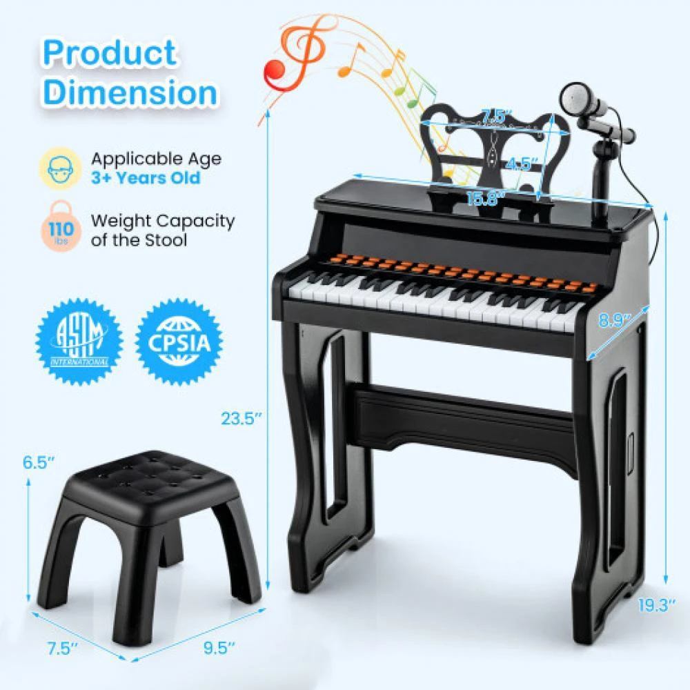 商品Hivvago|37 Keys Music Piano with Microphone Kids Piano Keyboard with Detachable Music Stand-Black,价格¥493,第5张图片详细描述