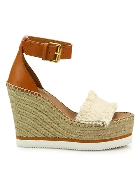 商品See by Chloé|Glyn Leather & Canvas Platform Espadrille Wedge Sandals,价格¥716,第1张图片