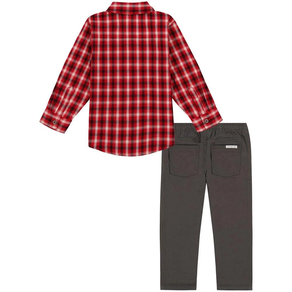 商品Calvin Klein|Little Boys Plaid Long Sleeve Button Front Shirt and Prewashed Twill Pants, 2 Piece Set,价格¥437,第2张图片详细描述