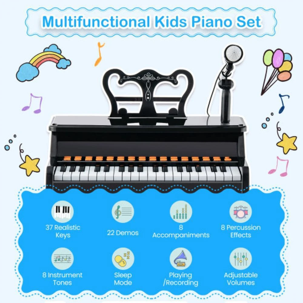 37 Keys Music Piano with Microphone Kids Piano Keyboard with Detachable Music Stand-Black 商品