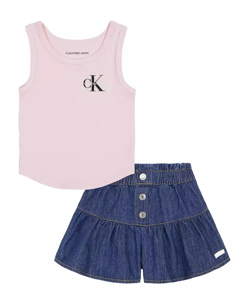 商品Calvin Klein|Little Girls Scoop Neck Logo Tank and Peplum Denim Skort, 2 Piece Set,价格¥167,第1张图片