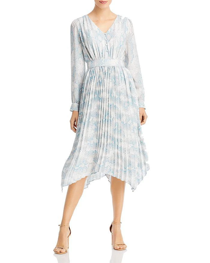 商品Tahari|Long Sleeve V Neck Pleated Midi Dress,价格¥334,第1张图片详细描��述