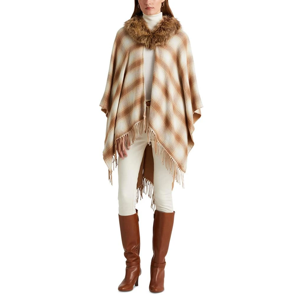 Women's Reversible Plaid Cape with Faux Fur Collar 商品