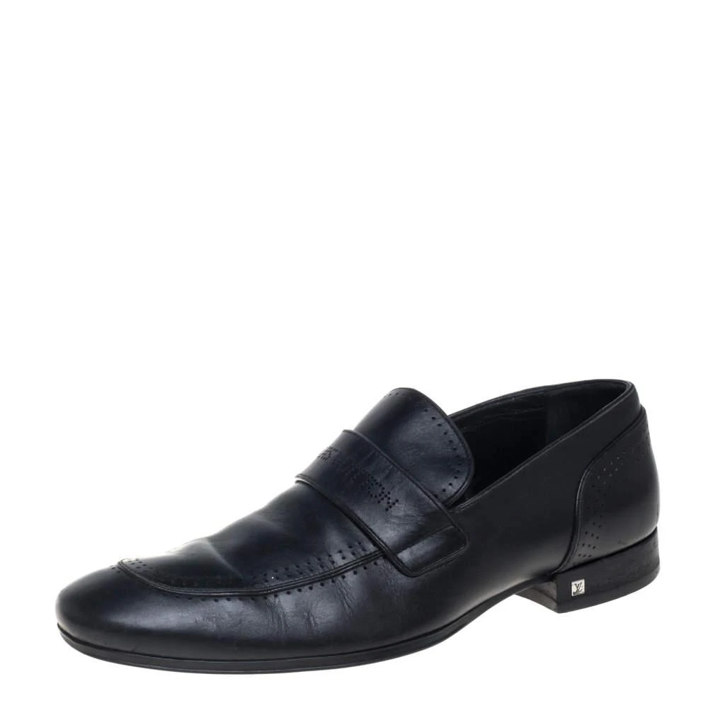 商品[二手商品] Louis Vuitton|Louis Vuitton Black Leather Logo Perforated Slip On Loafers Size 40,价格¥2746,第1张图片
