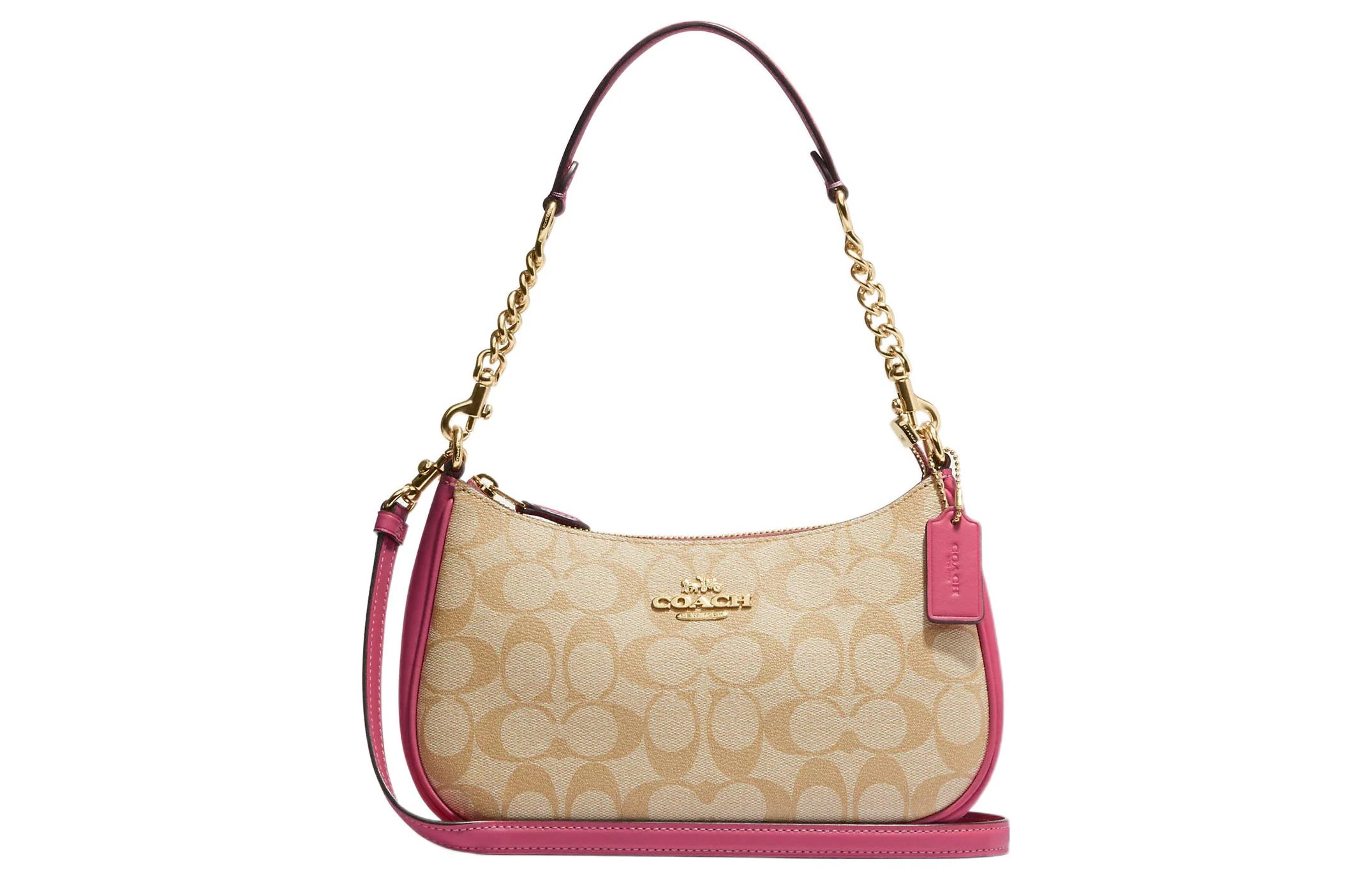 商品[国内直发] Coach|蔻驰 Teri 25 字母徽标经典老花拉链开合 帆布配皮 腋下包马鞍包单肩斜挎包 中号 女款 棕拼粉色,价格¥2361,第1张图片