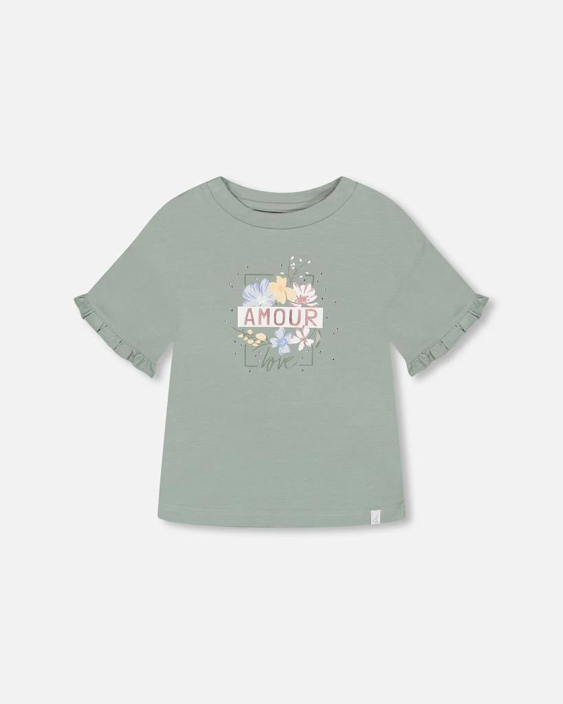 商品Deux par Deux|Organic Cotton Top With Print And Frills Olive Green,价格¥318,第1张图片