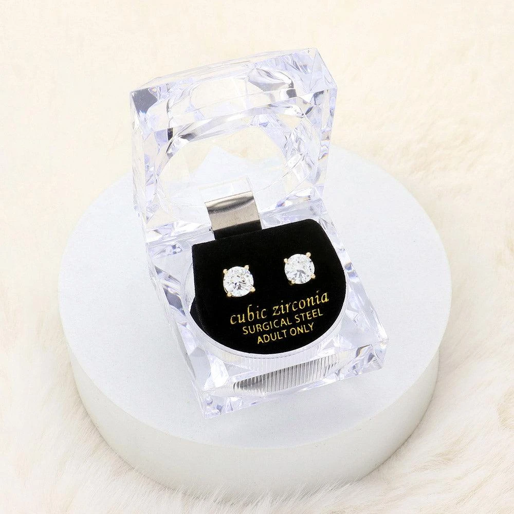 商品FASHNZFAB|7mm Round Cut Crystal Cubic Zirconia CZ Stud Earrings with Clear Box - Gold,价格¥193,第1张图片详细描述