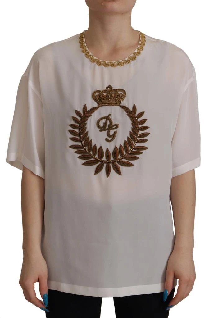 商品Dolce & Gabbana|Elegant Silk Blouse with gold Crown Women's Embroidery,价格¥8835,第1张图片