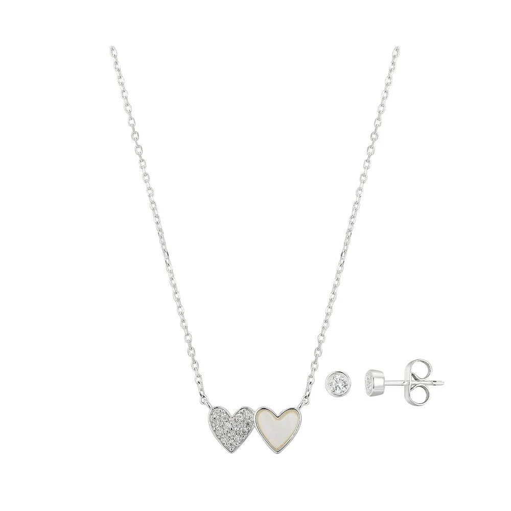 商品Unwritten|Silver Plated or Gold Flash Plated Cubic Zirconia and Genuine Mother of Pearl Double Heart Pendant Necklace and Earring Set,价格¥169,第1张图片