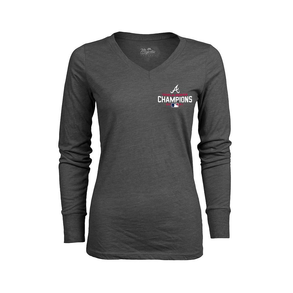 商品Majestic|Women's Threads Charcoal Atlanta Braves 2021 World Series Champions Hometown Long Sleeve V-Neck T-shirt,价格¥243,第5张图片详细描述