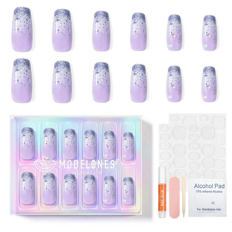 商品[国内直发] MODELONES|Purple Butterfly - 24 Fake Nails 12 Sizes Short Almond Press on Nails Kit,价格¥97,第1张图片