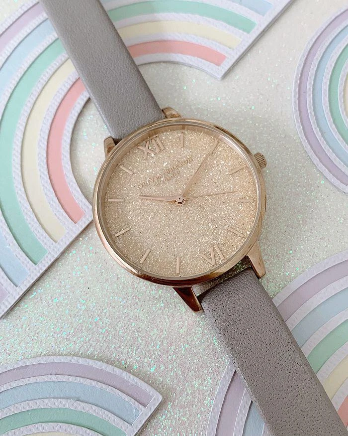 商品Olivia Burton|Glitter Dial Gray Lilac Leather Strap Watch, 34mm,价格¥1086,第4张图片详细描述