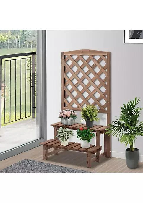 商品Outsunny|2 Tier Wooden Garden Elevated Plant Stand Display Free Standing Flower Pot Rack With Climbing Vine Trellis For The Backyard Brown,价格¥948,第2张图片详细描述