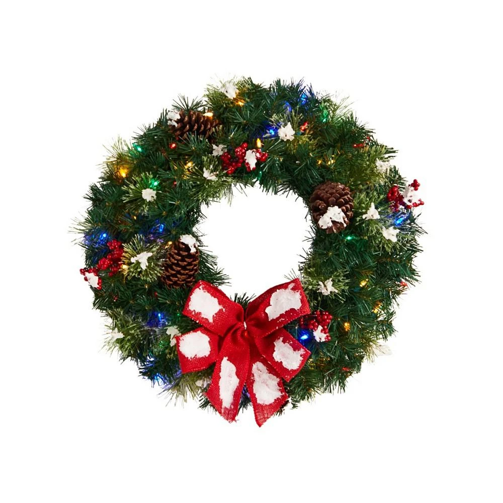 商品NEARLY NATURAL|Snow Tipped Berry and Pinecone Artificial Wreath with Bow and 50 LED Lights, 24",价格¥1060,第1张图片