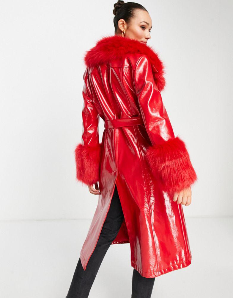 Topshop long PU coat with faux fur trim in red商品第4张图片规格展示