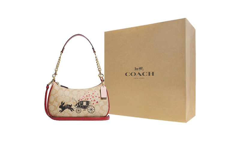 商品[国内直发] Coach|蔻驰 Teri 25 经典老花兔子马车印花拉链开合 牛皮革细节 手提单肩包 中号 女款 卡其色,价格¥1856,第6张图片详细描述