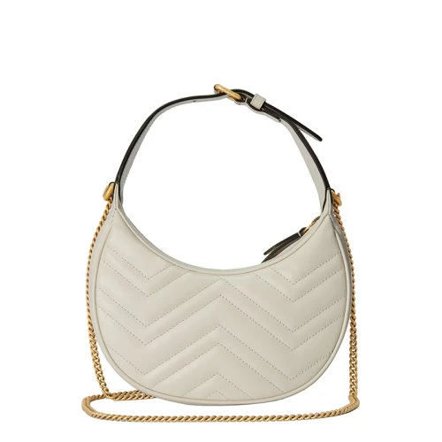 古驰 22春夏新款Marmont系列 女士迷你白色绗缝皮革金色链条双G单肩腋下半月包 商品