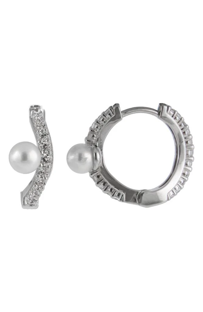 商品Splendid Pearls|Rhodium Plated Sterling Silver CZ 7-8mm Freshwater Pearl Huggie Hoop Earrings,价格¥600,第1张图片