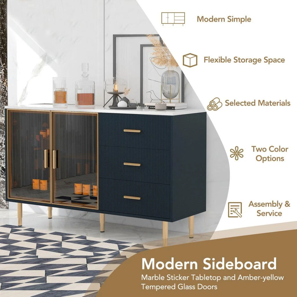 商品Simplie Fun|Modern Sideboard MDF Buffet Cabinet Marble Sticker Tabletop and Amber-yellow Tempered Glass Doors,价格¥4866,第4张图片详细描述