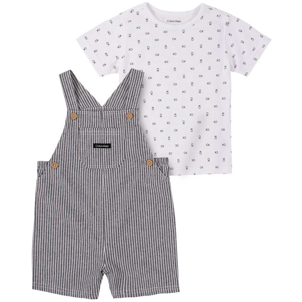 商品Calvin Klein|Baby Boys Vertical Stripe Shortall and Logo T-shirt, 2-Piece Set,价格¥223,第1张图片