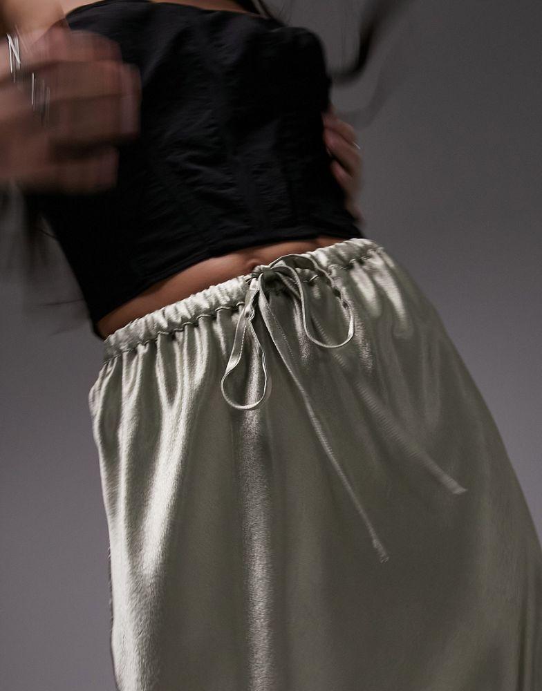Topshop drawstring liquid look maxi bias skirt in khaki商品第3张图片规格展示