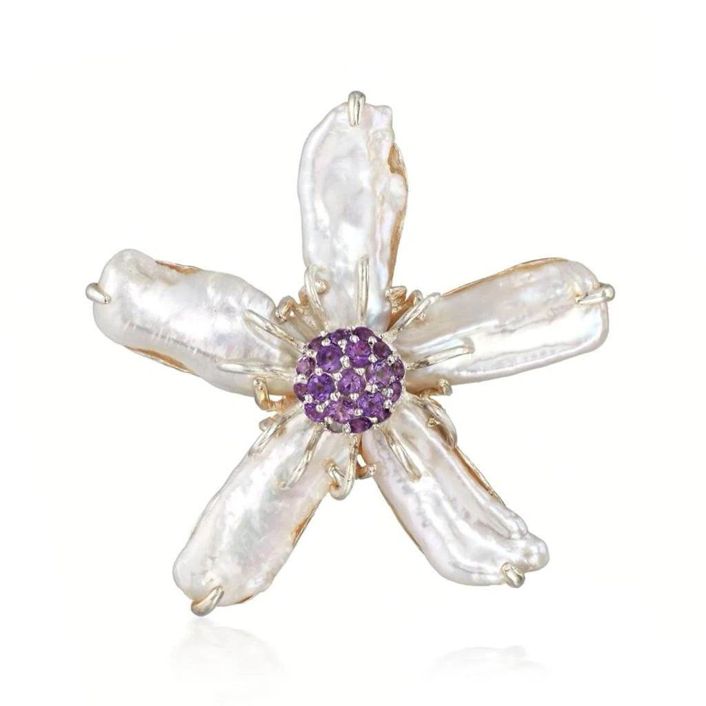 商品Ross-Simons|Ross-Simons 20-22mm X 8-11mm Cultured Baroque Pearl Flower Pin With . Amethysts in Sterling,价格¥947,第3张图片详细描述