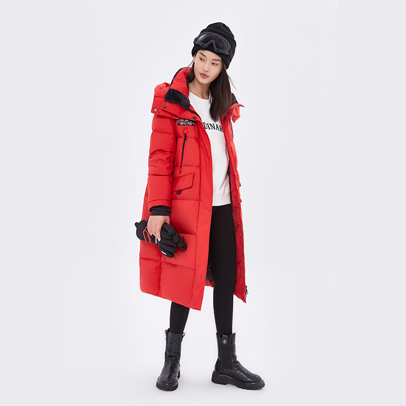 Hslove's冬季长款过膝连帽羽绒服女-红色商品第4张图片规格展示