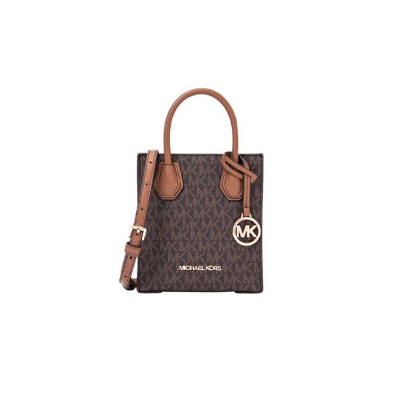 Michael Kors 奥莱款 MERCER超小号PVC老花配皮女士手提斜挎购物包 35T1GM9C0I-BROWN商品第1张图片规格展示