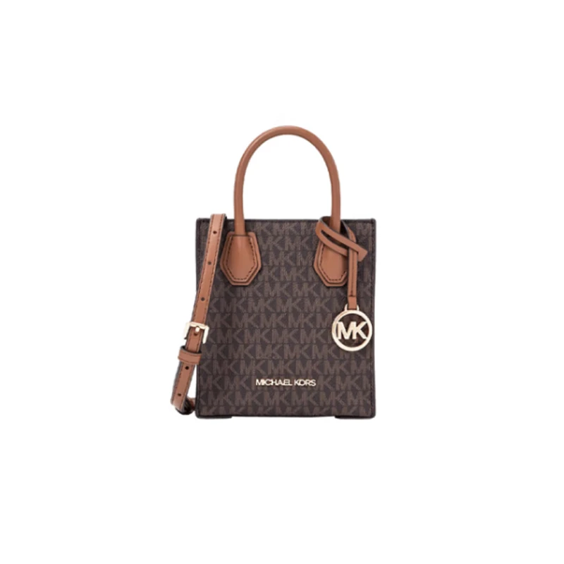 商品Michael Kors|Michael Kors 奥莱款 MERCER超小号PVC老花配皮女士手提斜挎购物包 35T1GM9C0I-BROWN,价格¥1193,第1张图片