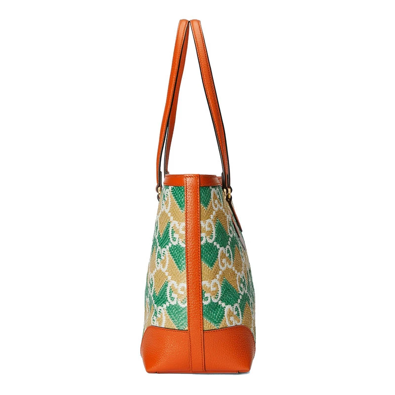 商品Gucci|【包税】GUCCI/古驰 22新款 女士绿色/奶油色草编面料配橙色皮革GG老花DUBAI字样刺绣手提包托特包631685UYFIG8826,价格¥13046,第6张图片详细描述