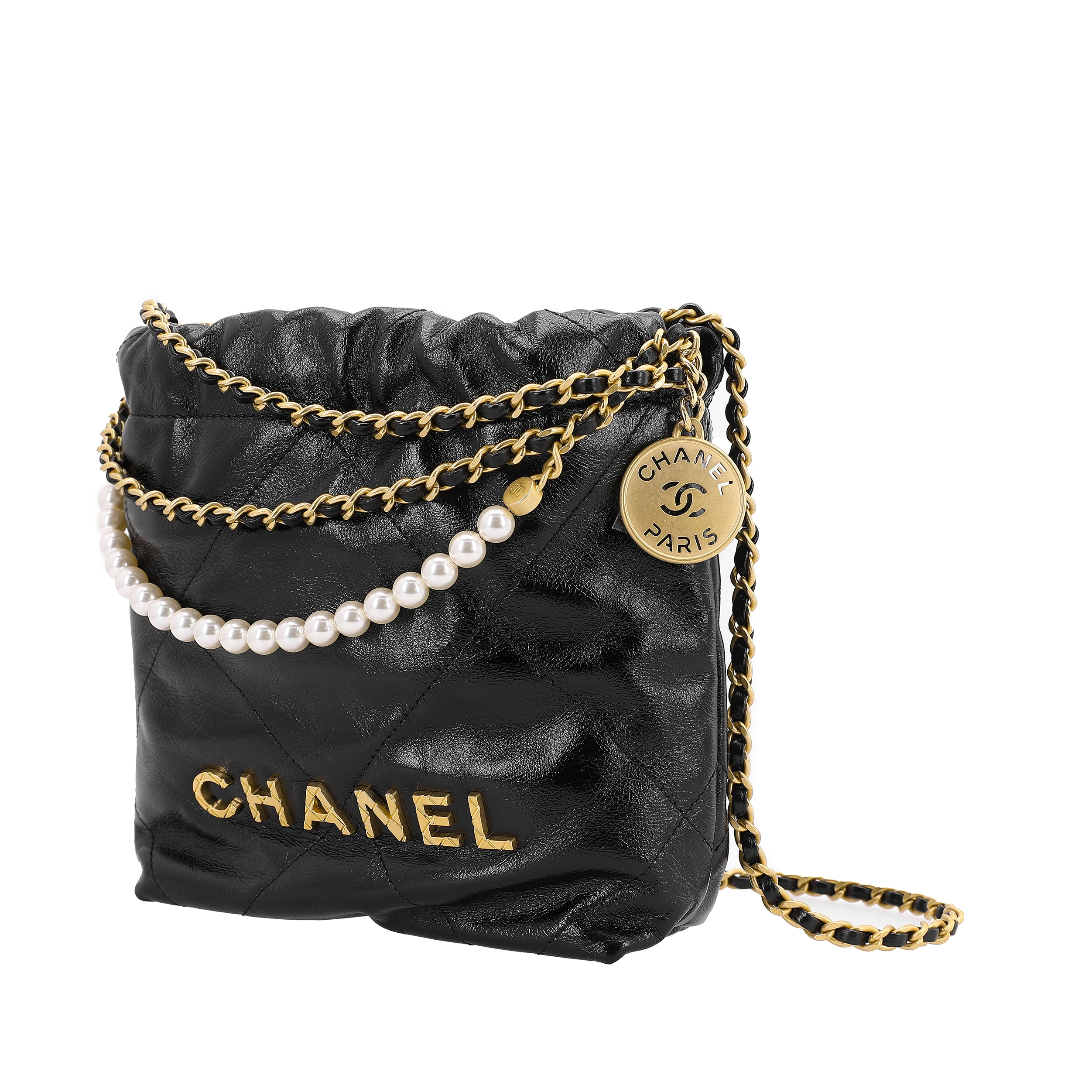 商品[国内直发] Chanel|香奈儿 22bag 抽绳开合珍珠链链条闪亮皱纹 小牛皮 水桶包单肩斜挎包 迷你 女款 黑色,价格¥48171,第3张图片详细描述