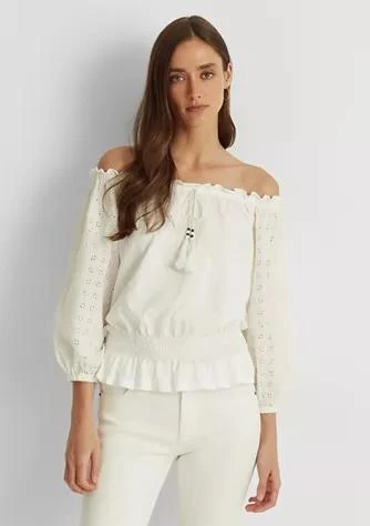 商品Ralph Lauren|Ralph Lauren Off The Shoulder Jersey Eyelet Blouse,价格¥216,第1张图片