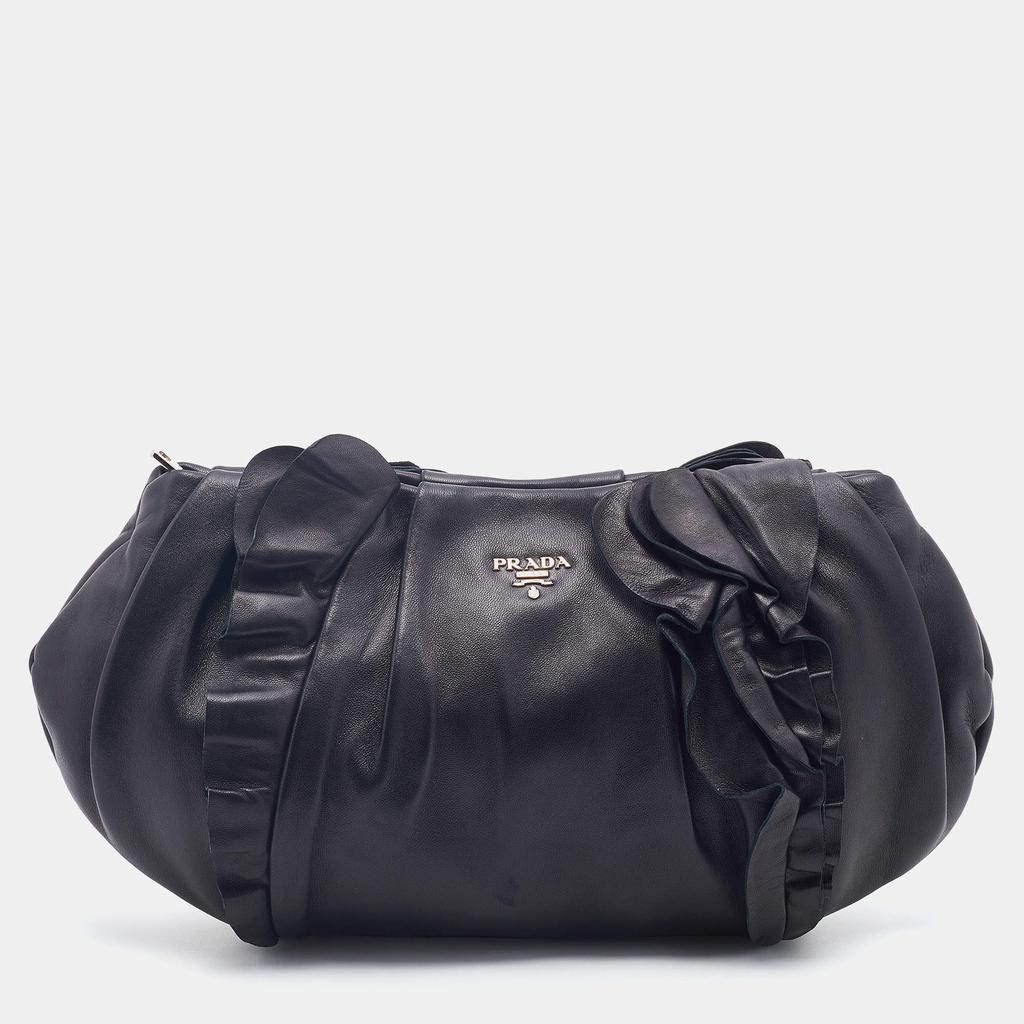 Prada Black Leather Ruffle Shoulder Bag商品第1张图片规格展示