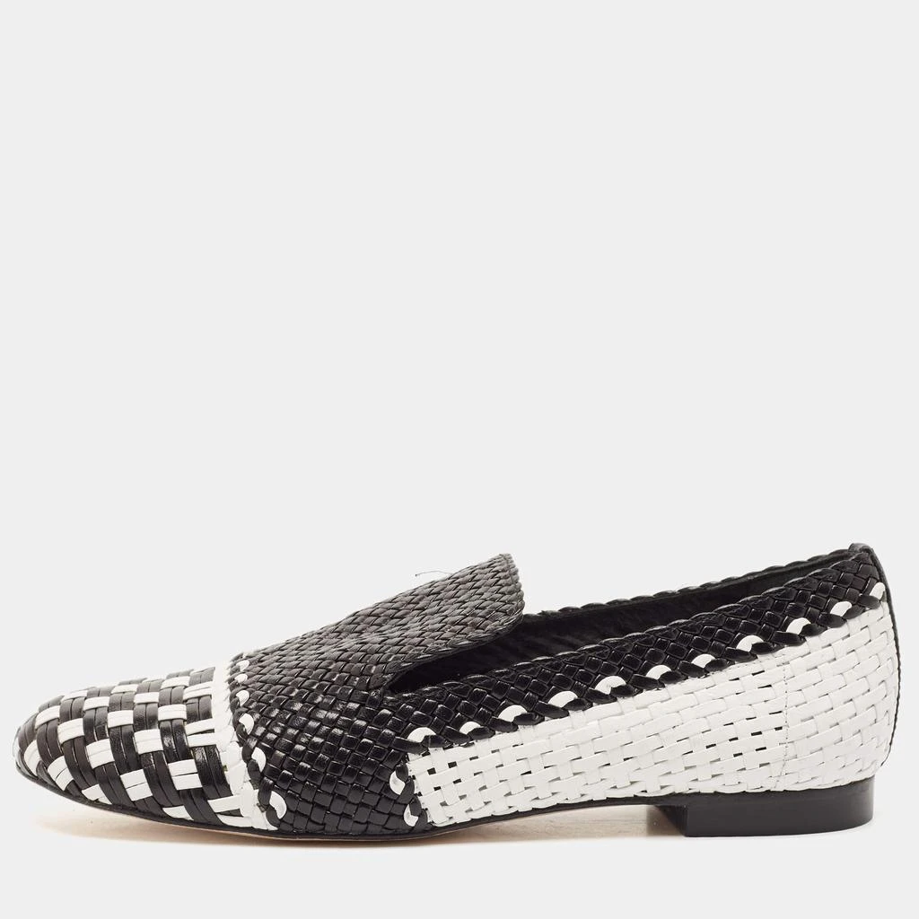 商品[二手商品] Stuart Weitzman|Stuart Weitzman Black/White Woven Leather Riviera Smoking Slippers Size 34.5,价格¥2065,第1张图片