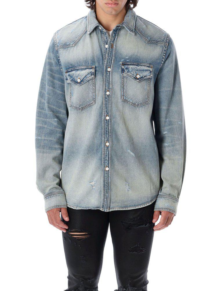 Amiri Buttoned Distressed Denim Shirt商品第1张图片规格展示