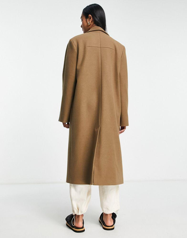 Topshop double breasted long coat in dark camel商品第4张图片规格展示