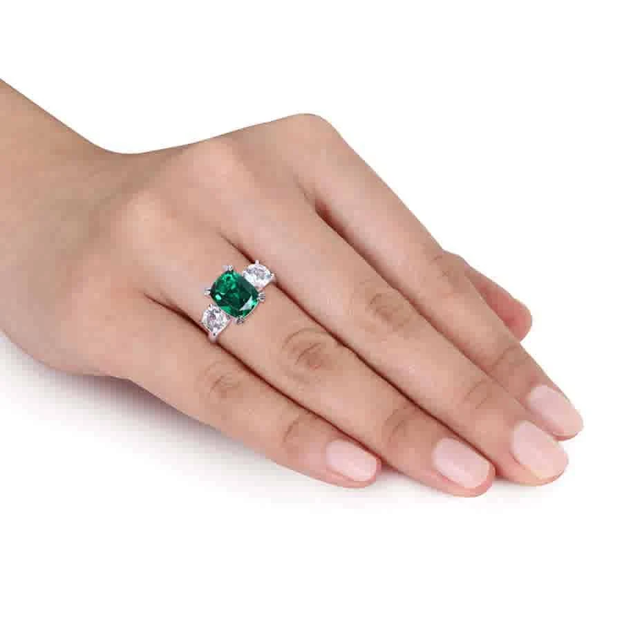 商品Amour|4 CT TGW Cushion-Cut Created Emerald and Created White Sapphire Three-Stone Ring in 10k White Gold JMS005046,价格¥2625,第2张图片详细描述