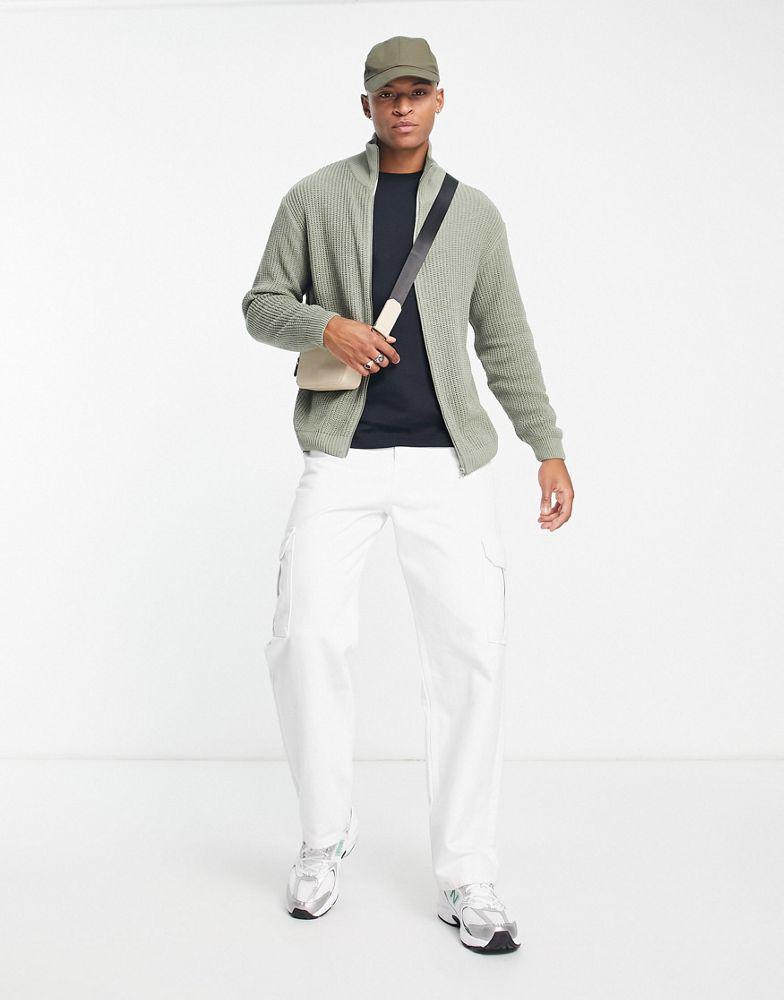 ASOS DESIGN knitted oversized fisherman rib zip through jumper in sage green商品第4张图片规格展示