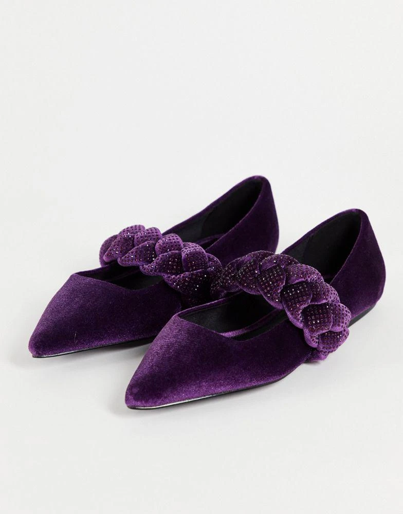 商品ASOS|ASOS DESIGN Wide Fit Liberty plaited pointed ballet flats in purple velvet,价格¥111,第2张图片详细描述