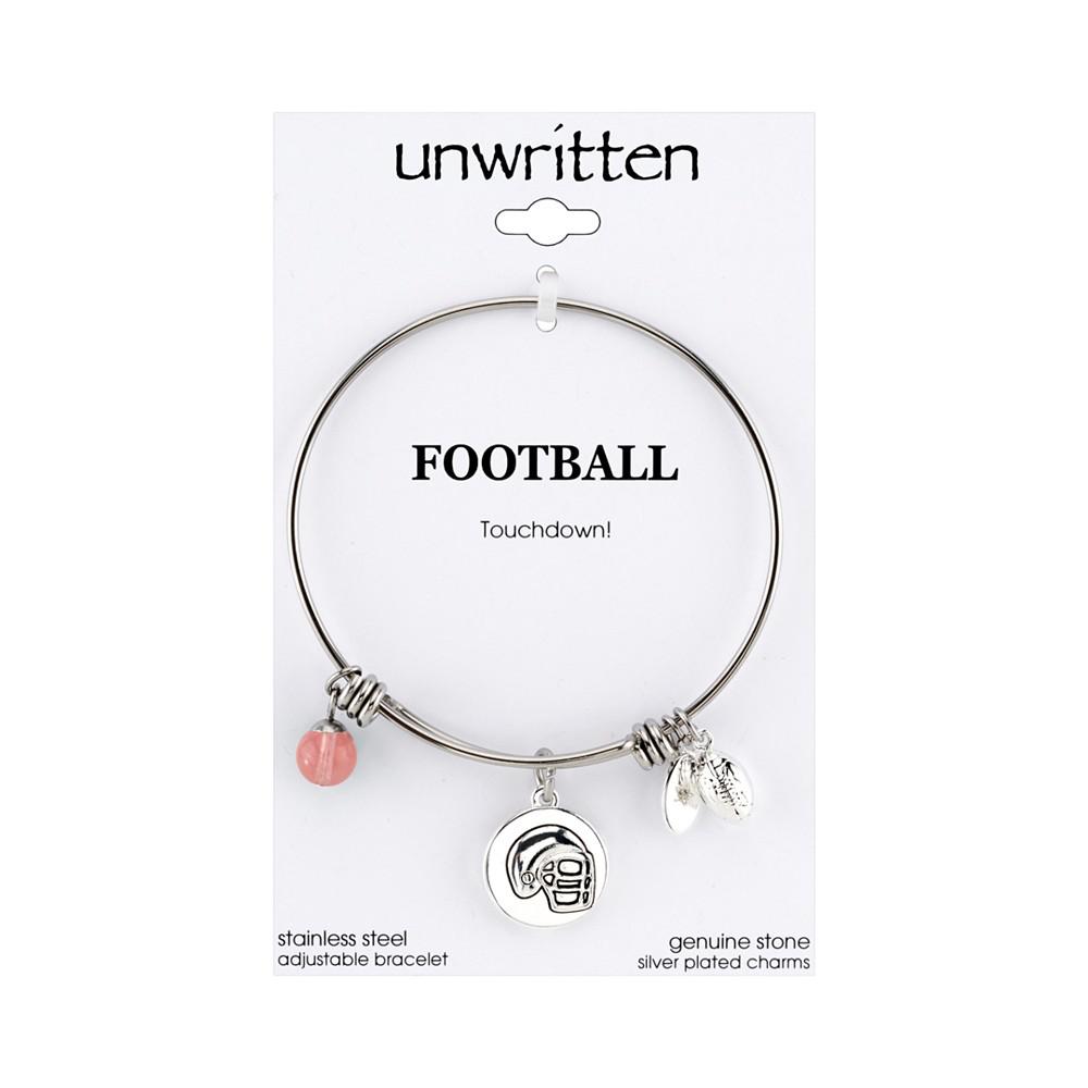 Football Charm and Cherry Quartz Stone (8mm) Bangle Bracelet in Stainless Steel Silver Plated Charms商品第2张图片规格展示