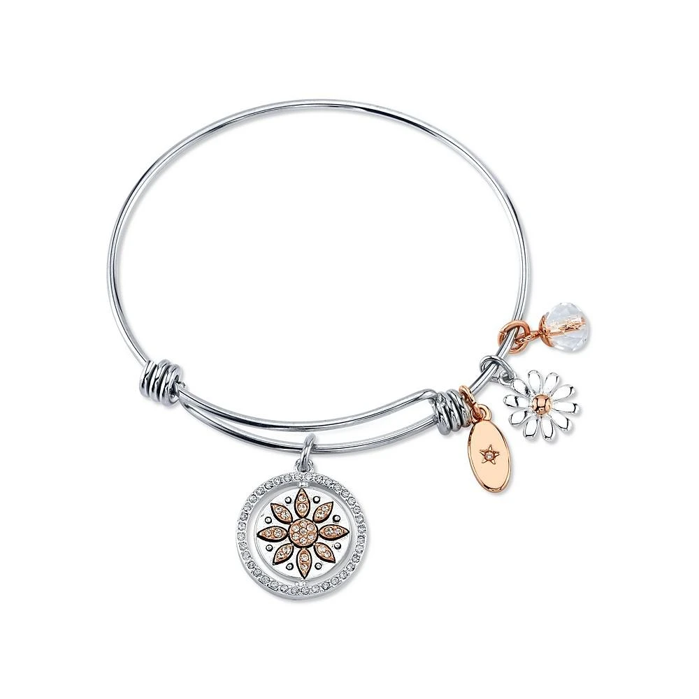 商品Unwritten|"Live Laugh Love" Flower Bangle Bracelet in Stainless Steel & Rose Gold-Tone with Silver Plated Charms,价格¥165,第1张图片