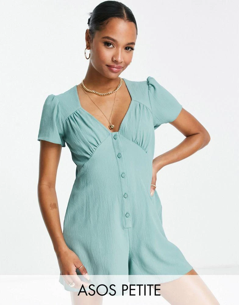 商品ASOS|ASOS DESIGN Petite bubble crepe cap sleeve tea button front playsuit in sage,价格¥156,第1张图片