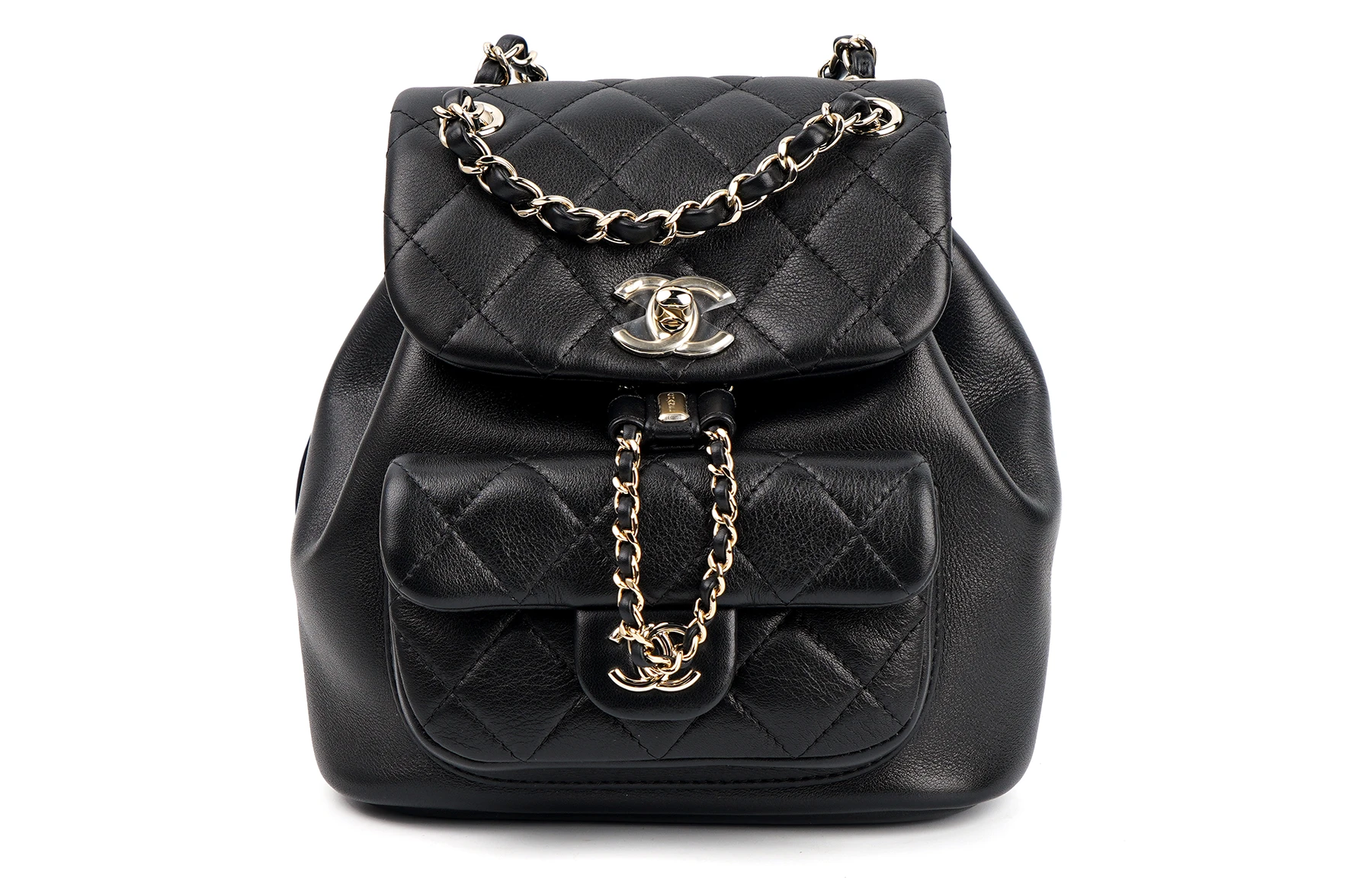 商品[国内直发] Chanel|香奈儿 Duma 金扣菱格纹翻盖 牛皮 背包双肩包 小号 女款 黑色,价格¥53313,第1张图片