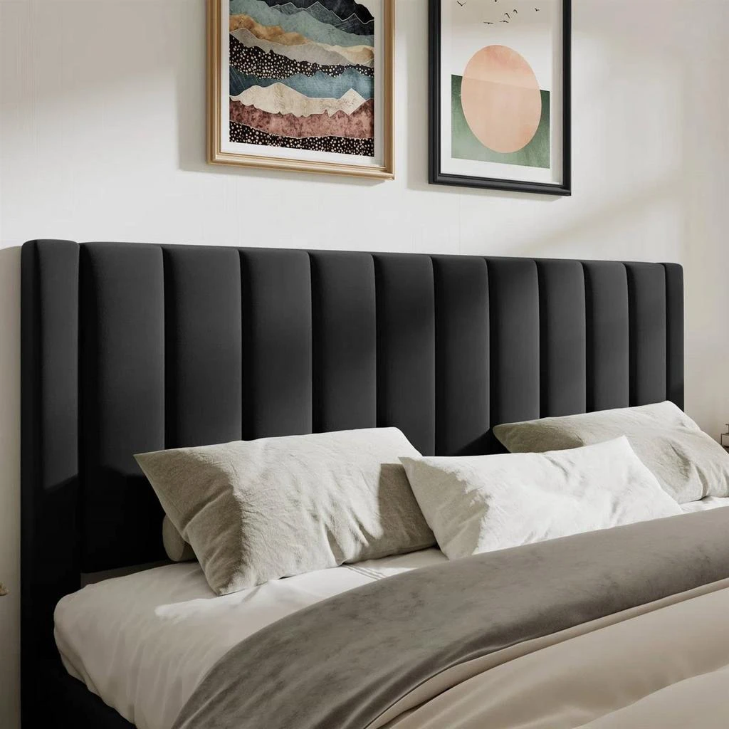 商品QuikFurn|King size Modern Black Velvet Upholstered Platform Bed with Headboard,价格¥5303,第2张图片详细描述