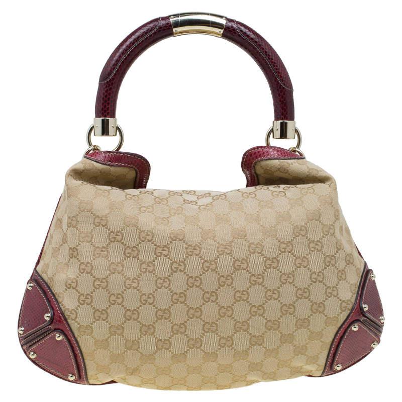 Gucci Beige/Red GG Canvas and Python Medium Indy Top Handle Bag商品第4张图片规格展示