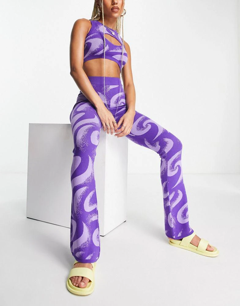 商品AsYou|ASYOU knitted flare trouser co-ord in purple swirl print,价格¥164,第1张图片