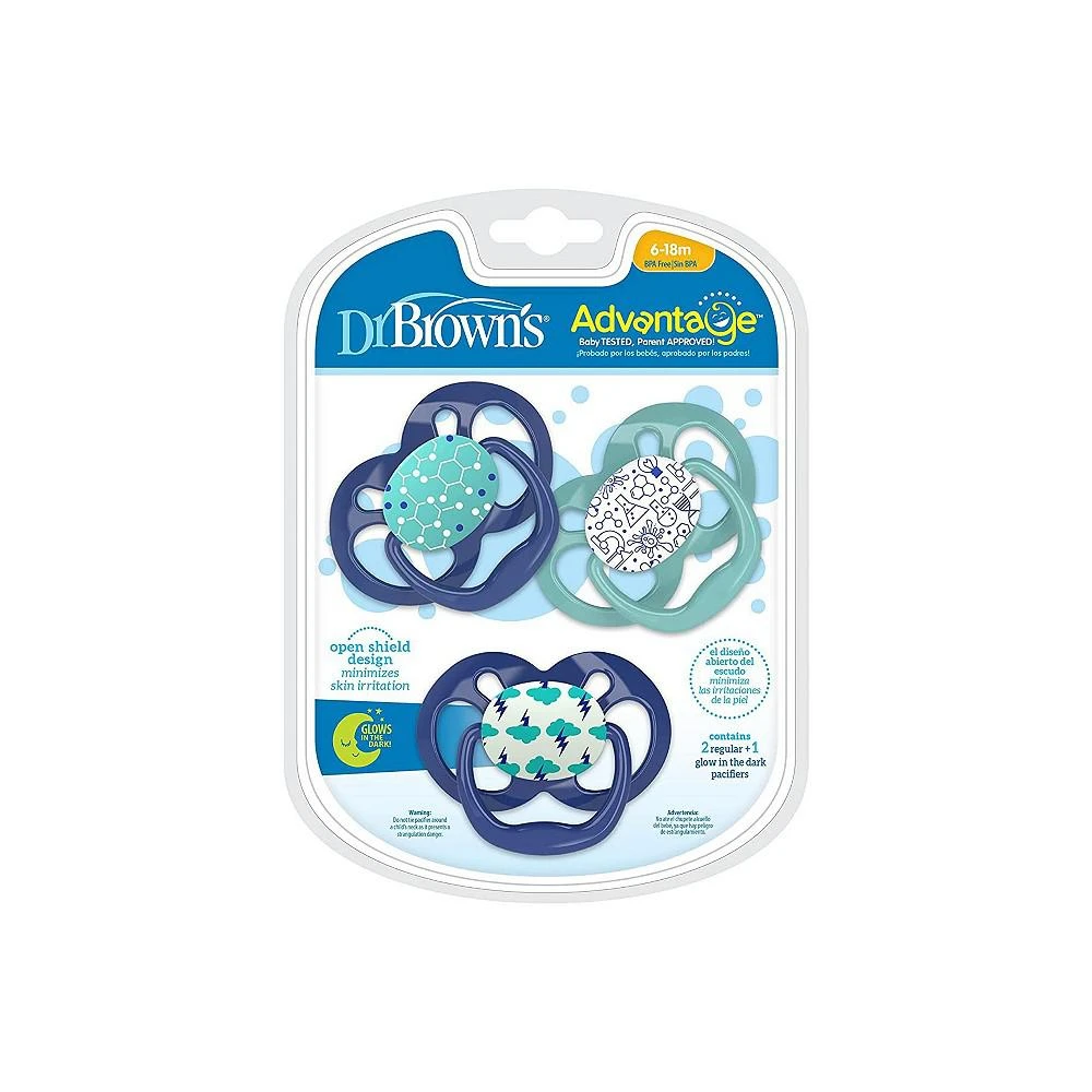 商品Dr. Browns|Advantage Symmetrical Pacifier, Blue, Glow in the Dark, 3 Pack, 6-18m,价格¥131,第3张图片详细描述