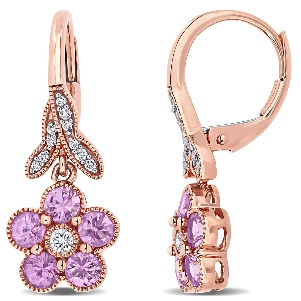 商品Mimi & Max|Pink Sapphire and 1/7ct TW Diamond Flower Leverback Earrings in 14k Rose Gold,价格¥5882,第1张图片