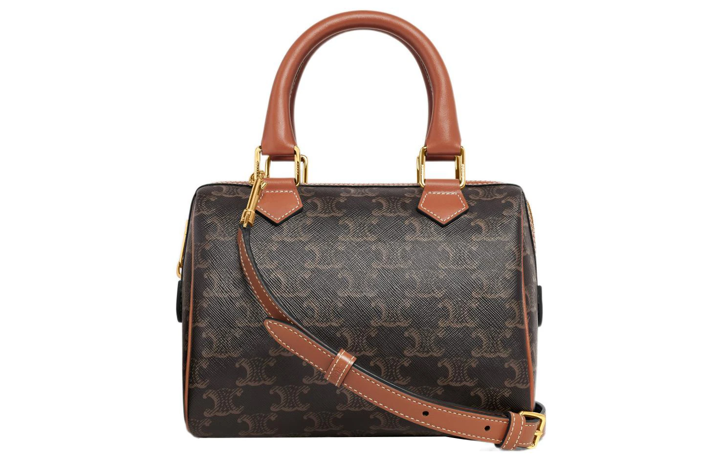 商品[国内直发] Celine|赛琳 Triomphe 经典凯旋门老花满印可调节肩带 帆布拼牛皮革 波士顿包单肩斜挎手提包 小号 女款 棕褐色,价格¥12243,第6张图片详细描述