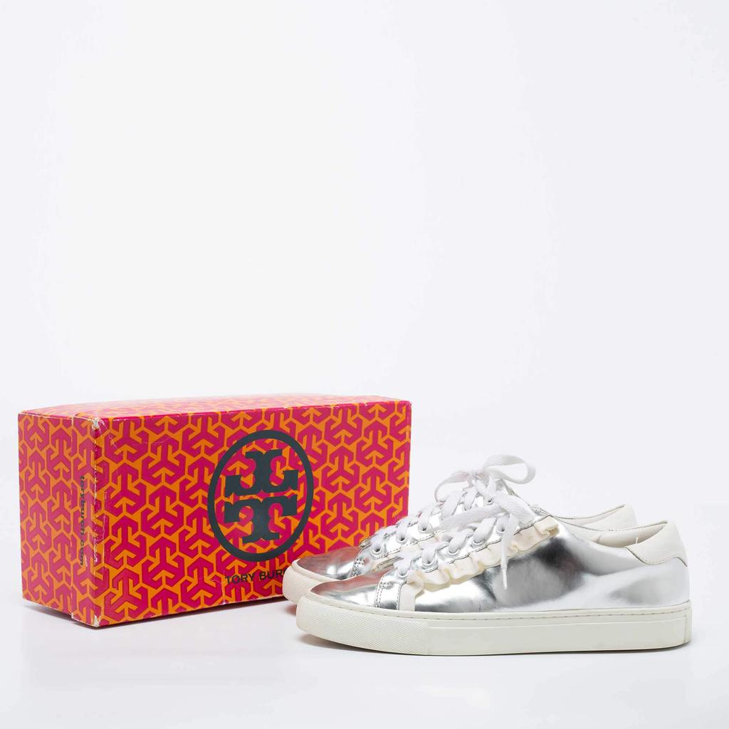 Tory Burch Silver/White Leather Tory Sport Ruffle Low Top Sneakers Size 38.5商品第9张图片规格展示